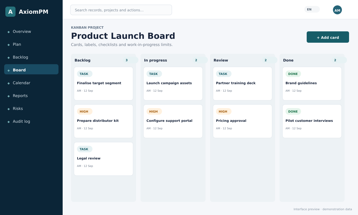Kanban delivery with cards, labels, checklists and WIP visibility.
